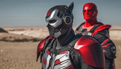 upper body,male focus,outdoors,multiple boys,day,2boys,armor,blurry,bodysuit,mask,blurry background,helmet,crossover,meme,superhero,red bodysuit,power armor,photo background,desert,sky,depth of field,red armor,power suit