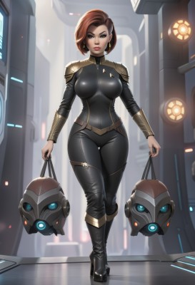 1girl,solo,breasts,looking at viewer,short hair,blue eyes,large breasts,brown hair,holding,jewelry,medium breasts,standing,full body,earrings,boots,belt,pants,indoors,bag,black footwear,armor,high heels,lips,bodysuit,makeup,thigh gap,black pants,knee boots,lipstick,shoulder armor,skin tight,high heel boots,walking,science fiction,pauldrons,black bodysuit,red lips,thighs,nail polish,thick thighs,black nails,wide hips,backlighting,nose,leather,platform footwear,platform heels