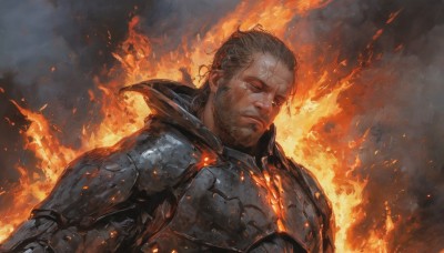 solo,brown hair,1boy,closed mouth,closed eyes,upper body,male focus,armor,facial hair,scar,fire,shoulder armor,beard,scar on face,breastplate,realistic,scar across eye,manly,hair slicked back,embers,burning,looking at viewer,short hair,stubble