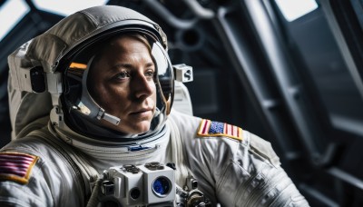 solo,blue eyes,1boy,closed mouth,upper body,male focus,blurry,helmet,science fiction,realistic,american flag,spacesuit,cockpit,japanese flag,pilot,astronaut,reflection,serious,pilot suit,space,planet,earth (planet),spacecraft,space helmet,united states