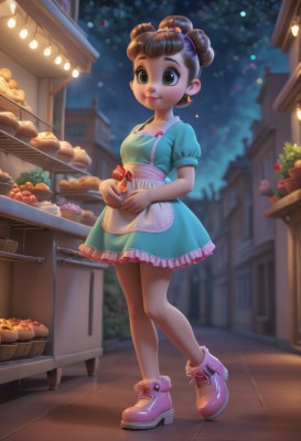 1girl,solo,smile,short hair,brown hair,hair ornament,dress,bow,holding,brown eyes,jewelry,closed mouth,standing,full body,flower,short sleeves,hairband,earrings,small breasts,boots,outdoors,frills,food,shoes,socks,puffy sleeves,artist name,indoors,dark skin,hair bun,blurry,apron,dark-skinned female,puffy short sleeves,lips,window,double bun,night,fruit,blurry background,blue dress,table,standing on one leg,building,child,night sky,waist apron,pink footwear,basket,female child,ankle boots,bread,kitchen,shop,looking at viewer,green eyes,makeup,single hair bun,cake