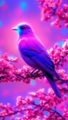 solo,closed mouth,full body,flower,outdoors,blurry,black eyes,from side,tree,pokemon (creature),no humans,depth of field,blurry background,bird,animal,cherry blossoms,pink flower,flying,branch,animal focus,sky,day,artist name,blue sky,watermark,gradient sky,beak,pink sky