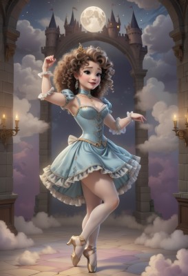 1girl,solo,long hair,breasts,looking at viewer,smile,brown hair,dress,cleavage,brown eyes,jewelry,medium breasts,closed mouth,standing,collarbone,full body,short sleeves,earrings,small breasts,outdoors,frills,detached sleeves,sky,choker,puffy sleeves,artist name,cloud,signature,armpits,necklace,nail polish,black eyes,arm up,high heels,puffy short sleeves,lips,wrist cuffs,makeup,night,blue dress,watermark,short dress,moon,leg up,standing on one leg,frilled dress,cloudy sky,tiara,crown,lipstick,frilled sleeves,star (sky),night sky,web address,full moon,curly hair,tiles,candle,pillar,castle,tower,moonlight,princess,puffy detached sleeves,hair ornament,bow,bracelet,white pantyhose,dancing