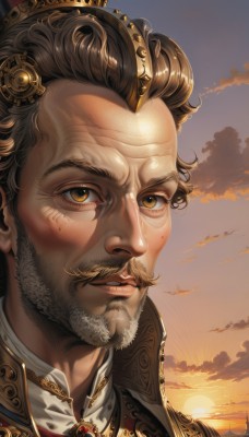 solo,looking at viewer,short hair,brown hair,1boy,brown eyes,jewelry,male focus,outdoors,parted lips,sky,cloud,mole,lips,mole under eye,facial hair,cloudy sky,crown,gem,portrait,beard,freckles,sunset,realistic,mustache,sun,manly,smile,hair ornament,yellow eyes