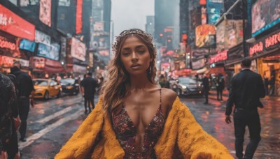 1girl,long hair,breasts,looking at viewer,blonde hair,brown hair,dress,cleavage,brown eyes,medium breasts,jacket,outdoors,parted lips,multiple boys,solo focus,dark skin,blurry,lips,formal,suit,ground vehicle,building,breasts apart,motor vehicle,6+boys,city,realistic,center opening,car,road,street,crowd,real world location,jewelry,collarbone,earrings,dark-skinned female,coat,makeup,blurry background,photo background,fur coat,plunging neckline,people