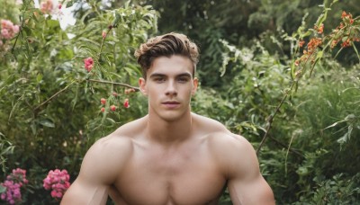 solo,looking at viewer,smile,short hair,brown hair,black hair,1boy,brown eyes,closed mouth,upper body,flower,male focus,nude,outdoors,day,lips,muscular,pectorals,plant,muscular male,nature,bara,topless male,realistic,nipples,artist name,leaf,large pectorals,undercut