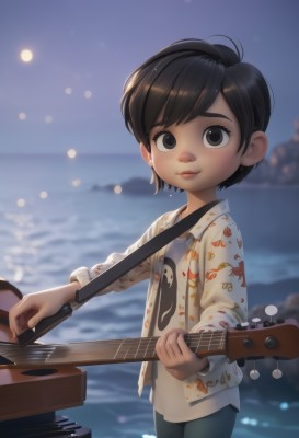 1girl,solo,looking at viewer,blush,smile,short hair,bangs,shirt,black hair,long sleeves,1boy,holding,closed mouth,jacket,white shirt,male focus,cowboy shot,outdoors,sky,pants,water,blurry,black eyes,lips,night,depth of field,blurry background,ocean,beach,moon,animal print,instrument,child,full moon,freckles,music,guitar,female child,male child,playing instrument,holding instrument,fish print,mole above mouth,acoustic guitar,jewelry,earrings