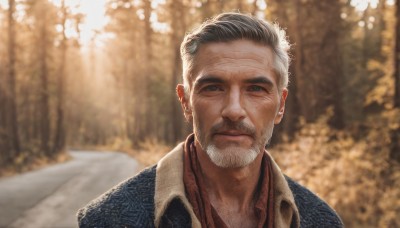 solo,looking at viewer,short hair,shirt,black hair,1boy,jewelry,closed mouth,jacket,upper body,white hair,grey hair,male focus,outdoors,collared shirt,blurry,black eyes,tree,blurry background,facial hair,piercing,blue jacket,portrait,nature,beard,forest,realistic,mustache,old,old man,wrinkled skin,blue eyes,day,lips,depth of field,scar,expressionless,sunlight,red shirt,scar on face,manly