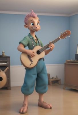 solo,smile,blue eyes,shirt,1boy,holding,animal ears,jewelry,standing,full body,pink hair,short sleeves,male focus,collared shirt,pants,indoors,necklace,instrument,furry,green shirt,music,guitar,furry male,playing instrument,holding instrument,electric guitar,snout,mohawk,brown hair,multicolored hair,barefoot,artist name,two-tone hair,denim,jeans,acoustic guitar