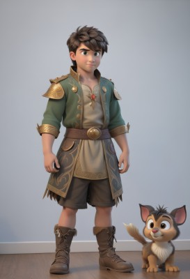 solo,looking at viewer,smile,short hair,brown hair,shirt,black hair,1boy,brown eyes,jewelry,closed mouth,standing,jacket,full body,male focus,boots,shorts,belt,necklace,black eyes,animal,brown footwear,child,arms at sides,male child,brown shorts,open clothes,watermark,pectorals,web address,sleeves rolled up,sideburns,leather,leather belt