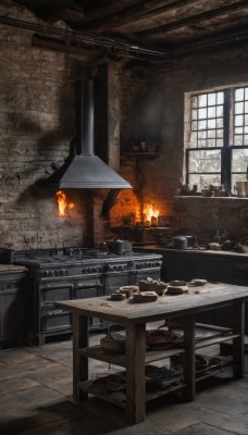 day,indoors,cup,no humans,window,chair,table,fire,steam,scenery,plate,smoke,bowl,wooden floor,wall,brick wall,cooking,kitchen,frying pan,burning,cabinet,kettle,wooden table,stove,fireplace,brick,fantasy,candle,stone wall