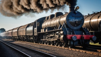 outdoors,sky,day,cloud,military,no humans,fire,ground vehicle,motor vehicle,smoke,military vehicle,tank,vehicle focus,train,caterpillar tracks,world war ii,railroad tracks,tree,blue sky,damaged,machine gun