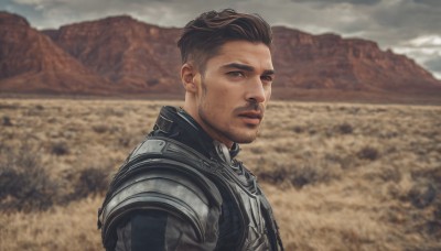 solo,looking at viewer,short hair,brown hair,1boy,brown eyes,upper body,male focus,outdoors,parted lips,sky,day,cloud,armor,blurry,from side,blurry background,facial hair,shoulder armor,beard,pauldrons,breastplate,mountain,realistic,stubble,field,chainmail,closed mouth,looking to the side,expressionless,portrait