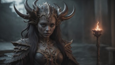 HQ,1girl,solo,long hair,breasts,looking at viewer,black hair,cleavage,brown eyes,jewelry,medium breasts,closed mouth,upper body,outdoors,horns,cape,armor,blurry,lips,makeup,blurry background,colored skin,facial mark,fire,crown,staff,shoulder armor,gem,pauldrons,shoulder pads,grey skin,black lips,red eyes,pointy ears,realistic,fantasy