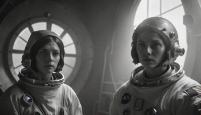 1girl,2girls,closed mouth,monochrome,upper body,greyscale,indoors,signature,lips,window,helmet,reflection,spot color,science fiction,realistic,spacesuit,astronaut,looking at viewer,short hair,multiple girls,expressionless,serious,badge,planet,american flag,spacecraft,symmetry,space helmet