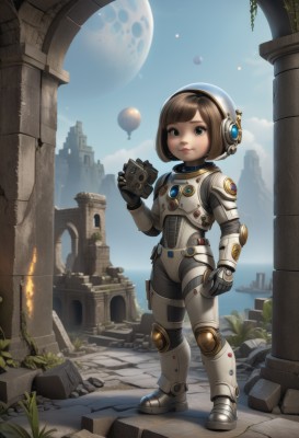 1girl,solo,looking at viewer,smile,short hair,bangs,blue eyes,brown hair,holding,brown eyes,closed mouth,standing,full body,outdoors,sky,day,cloud,water,armor,black eyes,blue sky,lips,bodysuit,moon,helmet,plant,child,science fiction,female child,balloon,ruins,pillar,mask removed,power armor,holding mask,spacesuit,overgrown,gloves,boots,headphones,bob cut,camera