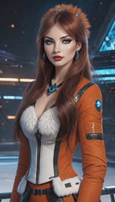 1girl,solo,long hair,breasts,looking at viewer,large breasts,brown hair,long sleeves,cleavage,brown eyes,jewelry,medium breasts,closed mouth,jacket,earrings,outdoors,belt,necklace,blurry,lips,fur trim,makeup,night,blurry background,lipstick,zipper,nose,red lips,orange jacket,bangs,hair ornament,upper body,parted bangs,tiara,crown,gem,pendant,eyeshadow,science fiction,realistic