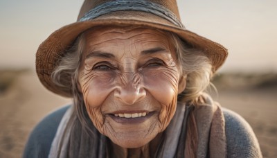 1girl,solo,looking at viewer,smile,open mouth,1boy,hat,white hair,grey hair,male focus,outdoors,teeth,scarf,grin,blurry,depth of field,blurry background,portrait,realistic,brown headwear,old,old man,old woman,wrinkled skin,grey eyes,half-closed eyes