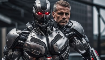 looking at viewer,brown hair,red eyes,1boy,upper body,male focus,multiple boys,2boys,armor,blurry,blurry background,glowing,facial hair,helmet,robot,glowing eyes,beard,science fiction,realistic,bald,manly,old,cyborg,old man,power armor,power suit,solo,weapon,serious