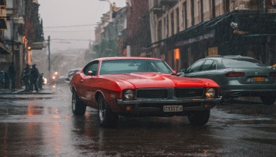 outdoors,multiple boys,no humans,ground vehicle,building,motor vehicle,rain,city,realistic,car,road,vehicle focus,police,power lines,lamppost,street,utility pole,grey sky,sports car,truck,sky,blurry,fire,scenery,puddle