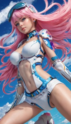 1girl,solo,long hair,breasts,looking at viewer,bangs,blue eyes,large breasts,gloves,navel,cleavage,jewelry,medium breasts,pink hair,earrings,outdoors,parted lips,sky,day,cloud,armor,leotard,blue sky,lips,floating hair,goggles,goggles on head,realistic,white leotard,boots,shorts,choker,elbow gloves,shiny,belt,headgear,from below,cloudy sky,science fiction,nose,stud earrings