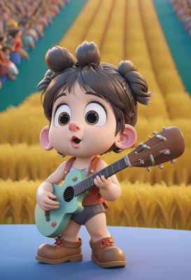 1girl,solo,smile,short hair,open mouth,brown hair,shirt,black hair,holding,twintails,brown eyes,standing,full body,boots,outdoors,shoes,shorts,sleeveless,hair bun,blurry,double bun,blurry background,brown footwear,black shorts,tank top,short twintails,instrument,child,music,guitar,female child,playing instrument,holding instrument,chibi,short shorts,grass,freckles