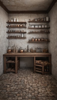 indoors,cup,no humans,chair,table,bottle,scenery,wooden floor,wall,brick wall,stool,shelf,jar,bar (place),counter,barrel,box,door,tiles,cabinet