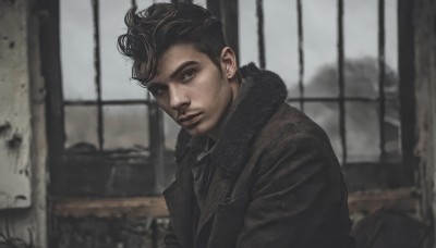 solo,looking at viewer,short hair,brown hair,black hair,1boy,jewelry,jacket,upper body,male focus,earrings,parted lips,indoors,blurry,black eyes,coat,fur trim,window,blurry background,facial hair,beard,realistic,mustache,stubble,scarf,stud earrings,black scarf