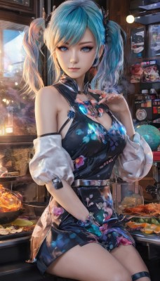 1girl,solo,long hair,breasts,looking at viewer,smile,bangs,blue eyes,large breasts,hair ornament,gloves,dress,holding,cleavage,bare shoulders,twintails,jewelry,medium breasts,sitting,closed mouth,blue hair,short sleeves,thighs,detached sleeves,food,sleeveless,puffy sleeves,belt,artist name,indoors,hand up,nail polish,black dress,puffy short sleeves,lips,fingernails,clothing cutout,eyelashes,thigh strap,sleeveless dress,blue dress,swept bangs,short dress,floral print,cleavage cutout,light smile,buckle,blue nails,chopsticks,pink lips,nose,print dress,skirt,blonde hair,multicolored hair,necklace,bracelet,watermark,ring,gem,web address,between legs,hand between legs,restaurant