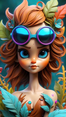 1girl,solo,long hair,breasts,looking at viewer,blush,blue eyes,brown hair,hair ornament,cleavage,bare shoulders,medium breasts,closed mouth,collarbone,upper body,flower,small breasts,hair flower,orange hair,lips,eyelashes,strapless,makeup,leaf,sunglasses,plant,lipstick,goggles,strapless dress,eyewear on head,eyeshadow,freckles,round eyewear,mascara,curly hair