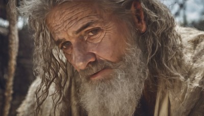 solo,long hair,looking at viewer,1boy,brown eyes,closed mouth,upper body,white hair,grey hair,male focus,outdoors,blurry,grey eyes,blurry background,facial hair,scar,portrait,rope,beard,scar on face,close-up,realistic,mustache,old,old man,tree,lips,fur trim,depth of field,messy hair,snow,freckles,curly hair