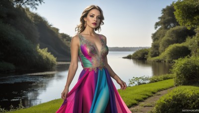 HQ,1girl,solo,long hair,breasts,looking at viewer,skirt,brown hair,dress,cleavage,bare shoulders,brown eyes,jewelry,medium breasts,standing,collarbone,earrings,outdoors,sleeveless,day,water,tree,lips,makeup,watermark,grass,lipstick,nature,scenery,web address,multicolored clothes,realistic,skirt hold,red lips,multicolored dress,river,lake,parted lips,sky,artist name,reflection