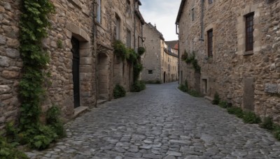 outdoors,sky,day,tree,no humans,window,grass,plant,building,scenery,door,road,bush,wall,house,brick wall,street,path,pavement,cloud,blue sky,cloudy sky,town,arch,stone floor,stone wall,chimney,brick