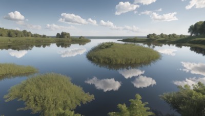 outdoors,sky,day,cloud,water,tree,blue sky,no humans,cloudy sky,grass,nature,scenery,forest,reflection,horizon,river,landscape,lake,reflective water