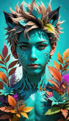 solo,looking at viewer,short hair,blonde hair,brown hair,1boy,animal ears,closed mouth,green eyes,upper body,flower,male focus,cat ears,lips,eyelashes,tattoo,colored skin,leaf,blue background,facial mark,plant,portrait,topless male,nose,bodypaint,black hair,collarbone,multicolored hair,artist name,gradient,shadow,watermark,sunlight,light particles,extra ears,blue flower,realistic,blue skin,dappled sunlight