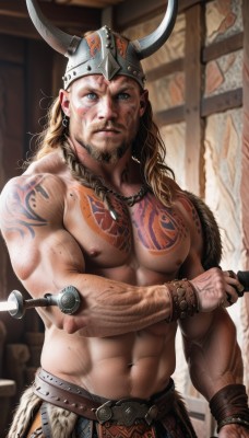 solo,long hair,looking at viewer,blue eyes,blonde hair,1boy,navel,holding,jewelry,nipples,weapon,male focus,cowboy shot,horns,pointy ears,sword,necklace,stomach,holding weapon,blurry,bracelet,tattoo,muscular,blurry background,facial hair,piercing,abs,helmet,pectorals,muscular male,bara,beard,large pectorals,veins,topless male,mature male,realistic,fake horns,arm tattoo,manly,shoulder tattoo,chest hair,loincloth,chest tattoo,navel hair,horned helmet,brown hair,braid,earrings,lips,facial tattoo,hammer,holding hammer