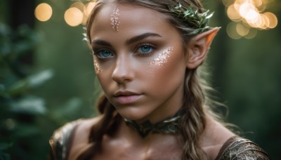 1girl,solo,long hair,looking at viewer,blue eyes,blonde hair,brown hair,hair ornament,green eyes,choker,pointy ears,blurry,lips,depth of field,blurry background,facial mark,elf,portrait,realistic,nose,scales,bokeh,braid,aqua eyes,eyelashes,nature,close-up