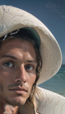 solo,looking at viewer,blue eyes,brown hair,black hair,1boy,hat,closed mouth,male focus,outdoors,sky,day,water,blurry,blue sky,lips,depth of field,blurry background,facial hair,ocean,portrait,beard,close-up,realistic,nose,mustache,stubble,straw hat,grey eyes,beach