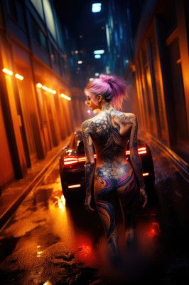 1girl,solo,looking at viewer,short hair,jewelry,standing,ponytail,pink hair,purple hair,ass,nude,earrings,outdoors,looking back,from behind,blurry,tattoo,night,back,piercing,ground vehicle,motor vehicle,city,car,road,arm tattoo,back tattoo,full-body tattoo,long hair,breasts,medium breasts,dark skin,dark-skinned female,lips,completely nude,walking,nose,hair pulled back,cyberpunk,neon lights