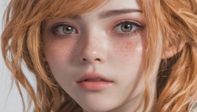 1girl,solo,looking at viewer,short hair,bangs,blonde hair,simple background,white background,brown eyes,parted lips,teeth,lips,eyelashes,portrait,close-up,freckles,realistic,nose,long hair,orange hair,messy hair