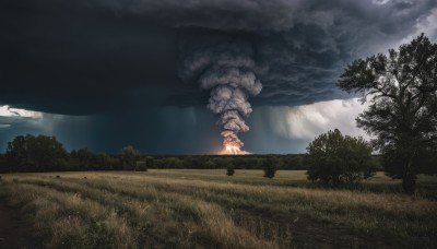 hat,outdoors,sky,cloud,tree,no humans,sunlight,cloudy sky,grass,fire,nature,scenery,forest,smoke,bush,mountain,field,explosion,landscape