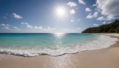 outdoors,sky,day,cloud,water,tree,blue sky,no humans,ocean,beach,sunlight,cloudy sky,nature,scenery,sand,sun,horizon,waves,shore,forest