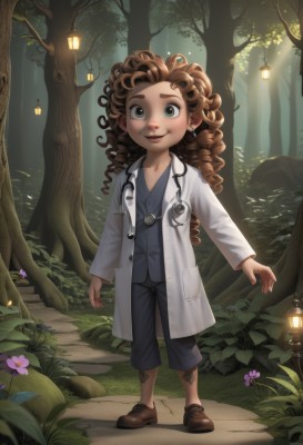 1girl,solo,long hair,looking at viewer,smile,brown hair,brown eyes,jewelry,green eyes,standing,full body,flower,earrings,outdoors,shoes,shorts,dark skin,tree,tattoo,drill hair,thick eyebrows,grass,plant,child,nature,forest,curly hair,lantern,stairs,labcoat,lamp,leg tattoo,stethoscope,path,doctor,open mouth,long sleeves,artist name,leaf,brown footwear,bug