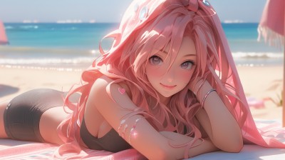 1girl,solo,long hair,breasts,looking at viewer,blush,smile,bangs,cleavage,hair between eyes,bare shoulders,jewelry,medium breasts,closed mouth,swimsuit,pink hair,heart,bikini,outdoors,lying,sky,shorts,day,water,blurry,bracelet,blue sky,lips,crop top,parted bangs,grey eyes,short shorts,sideboob,tattoo,depth of field,blurry background,black bikini,ocean,umbrella,wavy hair,beach,black shorts,on stomach,towel,armlet,head rest,pink lips,sand,arm tattoo,beach umbrella,beach towel,blue eyes,shirt,ass,sleeveless,solo focus,midriff,cloud,black shirt,eyelashes,tank top,armband,hand in own hair,horizon