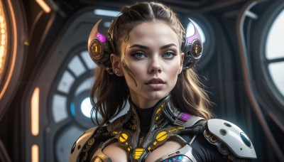 HQ,1girl,solo,long hair,breasts,looking at viewer,blue eyes,blonde hair,brown hair,jewelry,upper body,earrings,parted lips,teeth,armor,blurry,lips,clothing cutout,bodysuit,makeup,blurry background,headgear,portrait,forehead,science fiction,realistic,nose,hair ornament,close-up,headset,backlighting,cyborg,earpiece