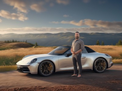 solo,short hair,shirt,black hair,1boy,male focus,outdoors,sky,barefoot,pants,cloud,sweater,tree,facial hair,ground vehicle,motor vehicle,beard,personification,watch,mountain,mustache,car,wristwatch,vehicle focus,mountainous horizon,sports car,smile,open mouth,standing,white shirt,black pants,nature,forest,undercut