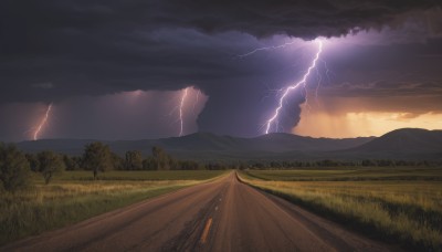 outdoors,sky,cloud,tree,no humans,cloudy sky,grass,nature,scenery,forest,sunset,mountain,electricity,road,field,lightning,landscape,hill,path