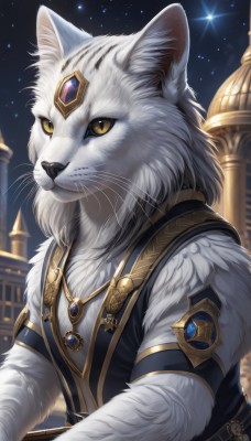 solo,looking at viewer,1boy,jewelry,closed mouth,yellow eyes,upper body,male focus,outdoors,sky,artist name,signature,necklace,vest,no humans,night,animal,cat,slit pupils,brooch,gem,star (sky),night sky,furry,pendant,starry sky,furry male,white fur,whiskers,blue gemstone,red gemstone,shirt,animal ears,jacket,cat ears,fur trim,pillar,yellow sclera