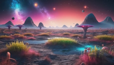 outdoors,sky,water,tree,no humans,night,grass,star (sky),nature,night sky,scenery,starry sky,reflection,rock,mountain,fantasy,landscape,mountainous horizon,glowing,space,mushroom,planet,river,jellyfish,milky way