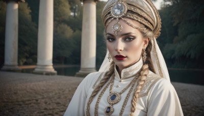 1girl,solo,long hair,looking at viewer,blonde hair,dress,jewelry,closed mouth,upper body,braid,earrings,outdoors,necklace,white dress,blurry,twin braids,lips,grey eyes,makeup,blurry background,lipstick,gem,veil,realistic,red lips,pillar,multiple braids,portrait,hair over shoulder,nose,gold,red gemstone,gold chain,column